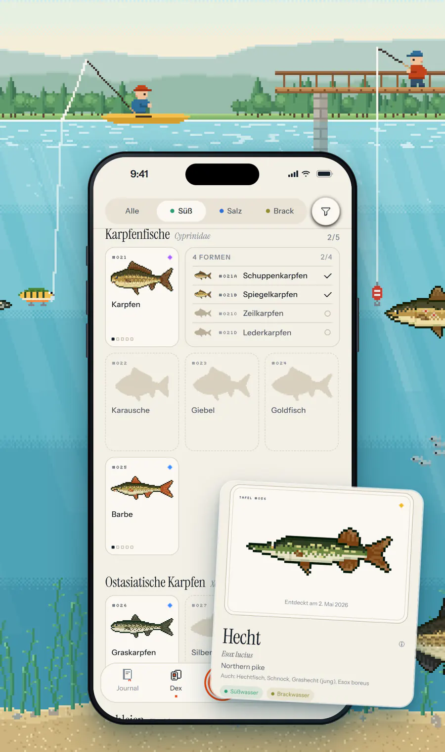 Der Dex mit den Karpfenfischen und ihren Formen, davor der Lexikon-Eintrag zum Hecht.